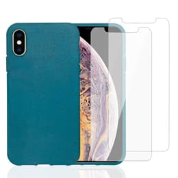 Cover iPhone X/XS e 2 schermi di protezione - Materiale naturale - Blu