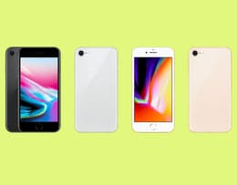 iPhone 8 mostrato frontalmente e posteriormente, in diverse colorazioni su sfondo pulito