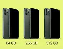 Tre iPhone 11 Pro ricondizionati affiancati, ciascuno con un’etichetta che mostra la capacità di archiviazione: 64 GB, 256 GB e 512 GB