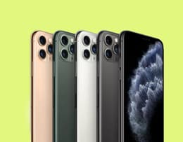Immagini dell’iPhone 11 Pro e 11 Pro Max nelle quali si mostrano il retro e le fotocamere, in nero, rosa, bianco e grigio.