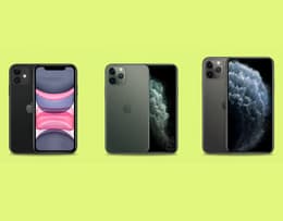 iPhone 11, 11 Pro e 11 Pro Max affiancati su fondo chiaro, con etichette che ne evidenziano dimensioni, numero di fotocamere e display 
